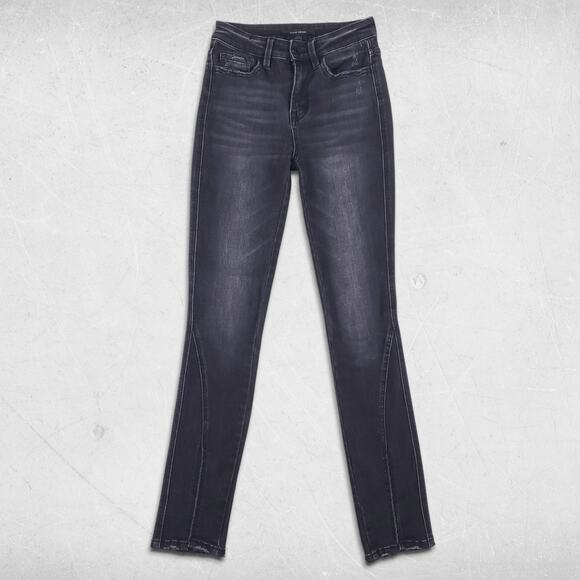 Flying Monkey High Rise Slim Straight Jeans Womens 24 Black Stretch Distressed - Picture 1 of 12